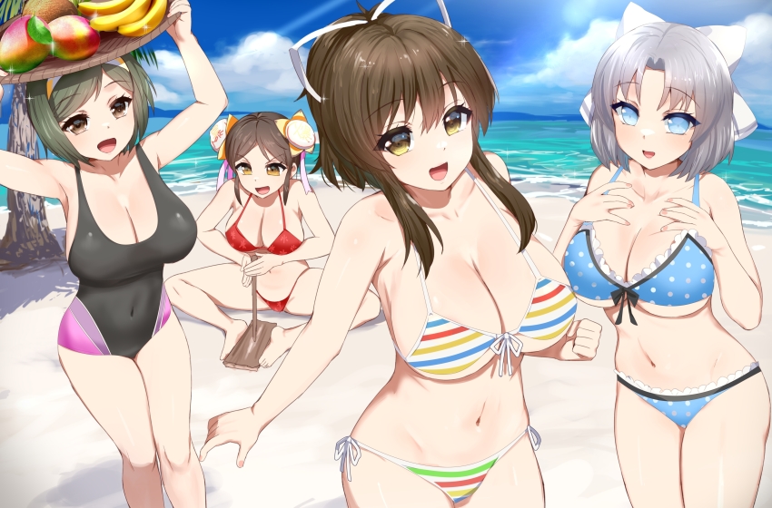 4girls absurdres asuka_(senran_kagura) banana baozi_hair_ornament beach bikini black_one-piece_swimsuit blue_bikini blue_eyes board bob_cut bow breasts brown_eyes cleavage cloud cloudy_sky coconut coconut_tree collarbone commentary_request covered_navel dappled_sunlight day double_bun floral_print food food-themed_hair_ornament fruit hair_bow hair_bun hair_ornament hair_ribbon hairband hands_on_own_chest highres holding holding_stick holding_tray kusaka_souji large_breasts looking_at_viewer mai_(senran_kagura) mango medium_hair meimei_(senran_kagura) multicolored_swimsuit multiple_girls navel ocean one-piece_swimsuit palm_tree pink_one-piece_swimsuit polka_dot polka_dot_bikini ponytail purple_one-piece_swimsuit red_bikini ribbon sand senran_kagura senran_kagura_estival_versus senran_kagura_new_wave senran_kagura_shinovi_versus short_hair sky sparkle standing stick striped_bikini striped_clothes sunlight swimsuit tray tree underboob water waves yellow_eyes yumi_(senran_kagura)