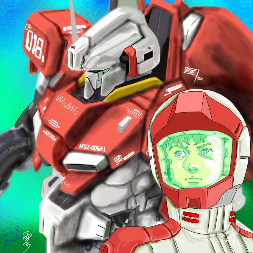 1boy aeug amuro_ray character_name commentary_request dated gundam gundam_sentinel highres looking_to_the_side machinery mecha mecha_pilot_suit military_rank_insignia mobile_suit robot science_fiction signature upper_body yuki_xue_ying zeta_plus zeta_plus_a1_(amuro_colors)