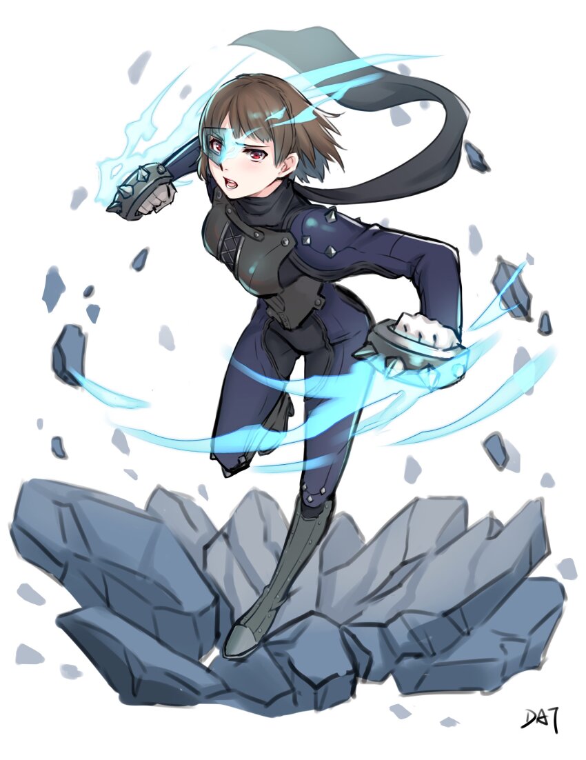 1girl absurdres artist_name black_scarf blue_bodysuit blue_fire blush bodysuit braid breasts brown_hair clenched_hands crown_braid da-cart debris eye_mask fighting_stance fire full_body gloves highres long_sleeves looking_at_viewer medium_breasts niijima_makoto open_mouth persona persona_5 red_eyes rock scarf short_hair shoulder_spikes solo spiked_knuckles spikes standing standing_on_one_leg white_background white_gloves