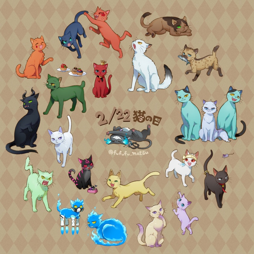 ace_trappola animal animalization azul_ashengrotto blue_fire cat cat_day cater_diamond commentary_request creature crown deuce_spade dragon_horns epel_felmier fire fire_body fish floyd_leech food funuyu grim_(twisted_wonderland) highres horns idia_shroud jack_howl jade_leech jamil_viper kalim_al-asim leona_kingscholar lilia_vanrouge malleus_draconia mini_crown mouse_(animal) mouth_hold no_humans ortho_shroud pastry riddle_rosehearts rook_hunt ruggie_bucchi sebek_zigvolt silver_vanrouge translation_request trey_clover twisted_wonderland vil_schoenheit