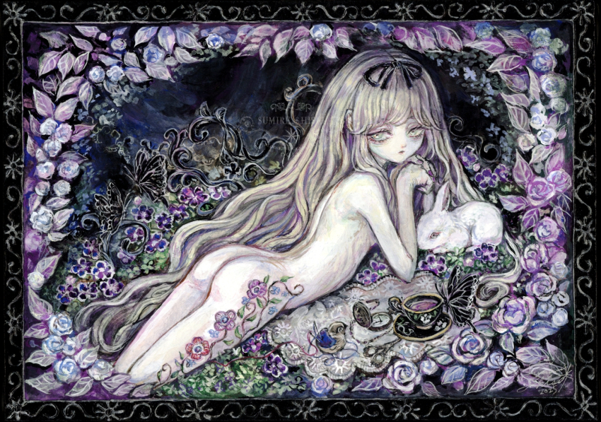 1girl acrylic_paint_(medium) ass bird blonde_hair bug butterfly commentary_request cup expressionless flower green_eyes insect long_hair looking_at_viewer lying nude on_stomach original painting_(medium) pale_skin petals pocket_watch rose solo sumire_shisei teacup traditional_media very_long_hair watch white_rabbit_(animal)