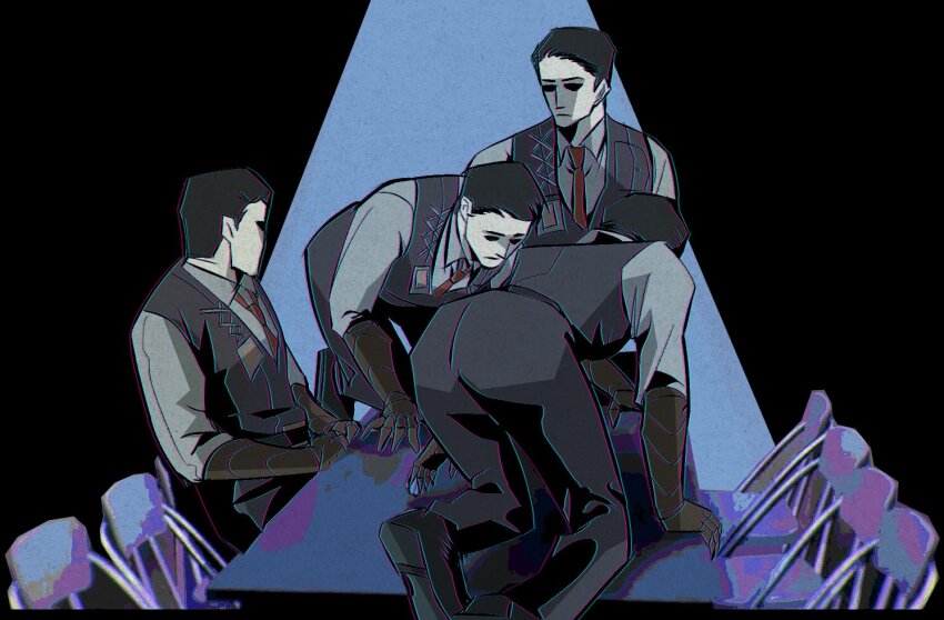 05_soleil 1boy all_fours black_hair black_vest chair climbing collared_shirt crawling empty_eyes gauntlets hair_slicked_back id_card lcb_uniform_(project_moon) limbus_company looking_at_another meursault_(project_moon) multiple_views necktie on_table project_moon red_necktie shirt sitting spotlight table vest white_shirt