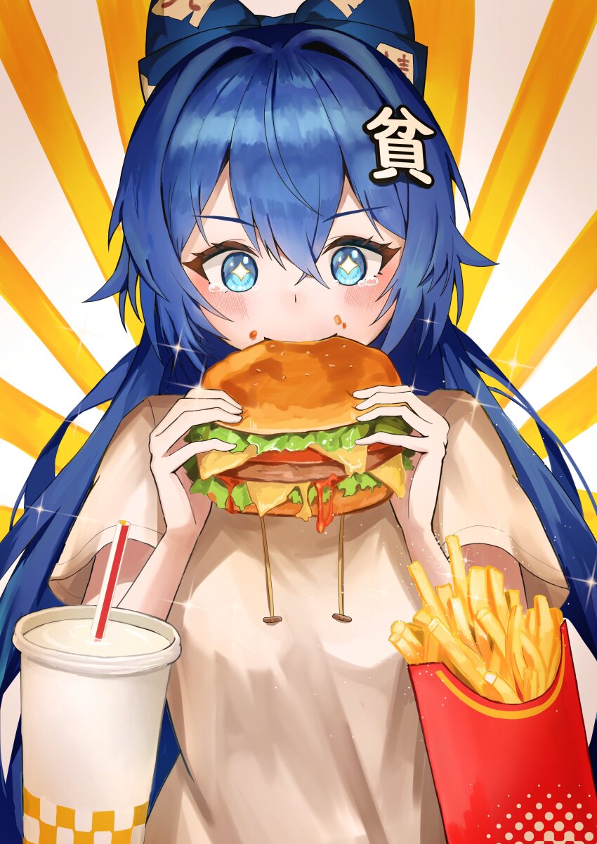 +_+ 1girl absurdres blue_bow blue_eyes blue_hair bow bread burger cheese cup disposable_cup eating fast_food food food_on_face french_fries hair_bow highres holding holding_burger holding_food hood hoodie kaminose_(user_veum4325) kanji_hair_ornament lettuce long_hair meat ofuda ofuda_on_head short_sleeves soda solo tearing_up tomato tomato_slice touhou yellow_hoodie yorigami_shion