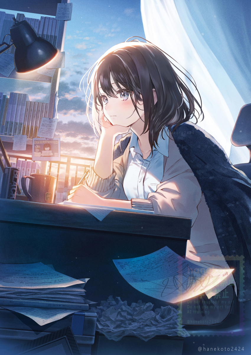 1girl arm_support black_skirt blue_sky blush brown_hair brown_jacket can canned_coffee chair closed_mouth cloud collared_shirt commentary_request cup curtains desk desk_lamp dress_shirt drink_can grey_eyes hair_between_eyes hanekoto highres holding holding_pen indoors jacket lamp mug office_chair on_chair open_clothes open_jacket original paper pen shirt sitting skirt sky solo sunset swivel_chair twitter_username watermark white_shirt