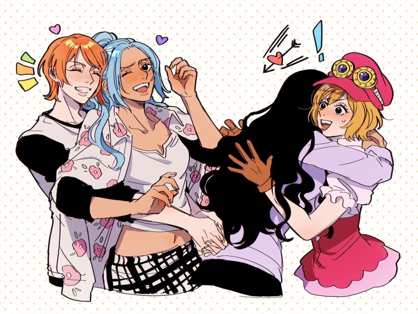 ! 4girls black_hair blue_hair blush commentary gloves goggles goggles_on_headwear hat heart highres hug hug_from_behind koala_(one_piece) long_sleeves multiple_girls nami_(one_piece) nefertari_vivi nico_robin notice_lines one_eye_closed one_piece orange_hair ponytail seirorath short_hair sidelocks simple_background skirt smile upper_body white_background