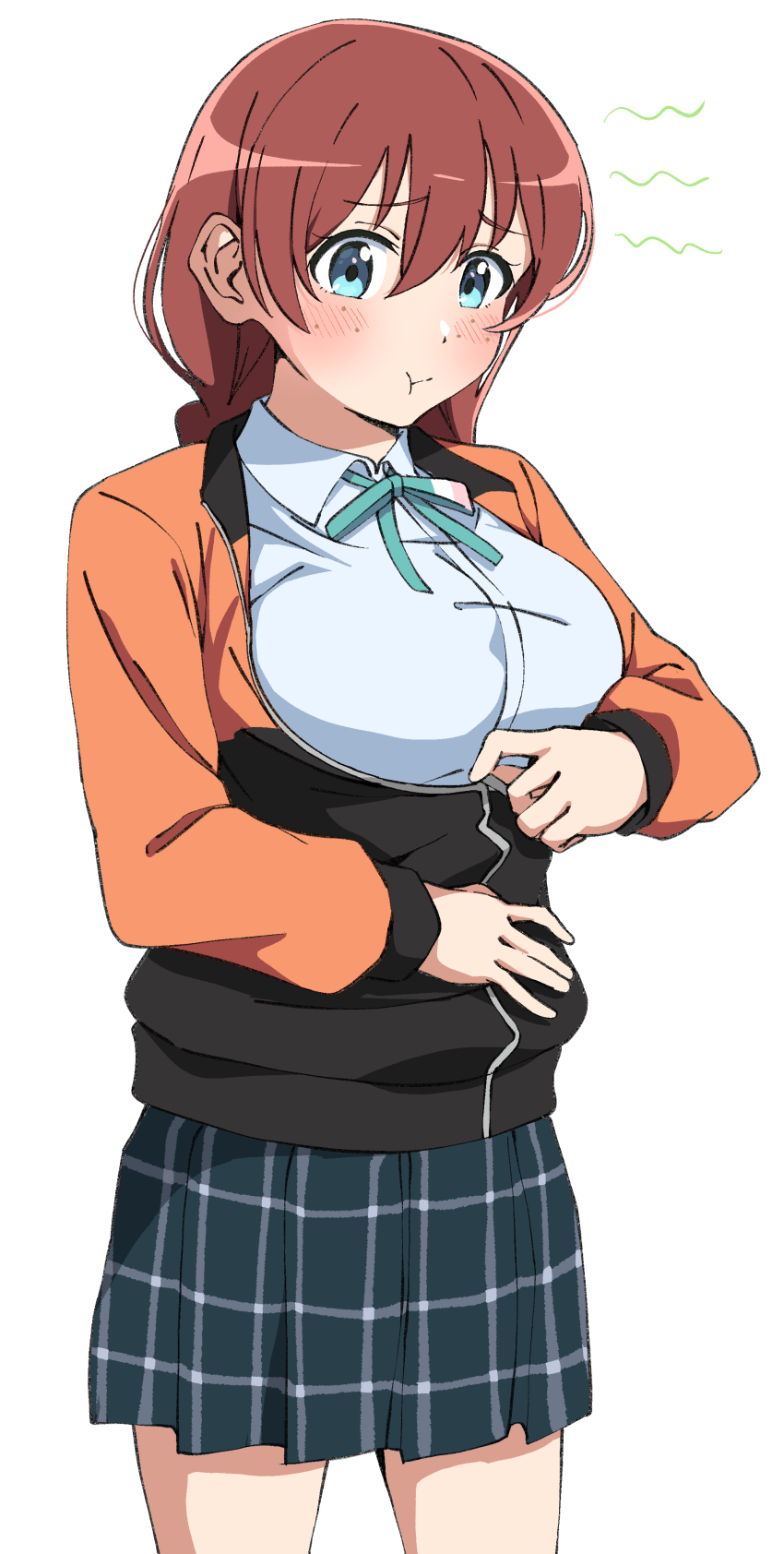 1girl :t absurdres blue_eyes blue_shirt blue_skirt blush braid breasts brown_hair collared_shirt commentary cowboy_shot dress_shirt emma_verde freckles green_jacket green_ribbon highres jacket large_breasts long_hair long_sleeves love_live! love_live!_nijigasaki_high_school_idol_club low_twin_braids miniskirt neck_ribbon nijigasaki_school_uniform nijigasaki_track_jacket plaid_clothes plaid_skirt pleated_skirt pout ribbon school_uniform shirt simple_background skirt solo summer_uniform track_jacket twin_braids uchuu_no_mozuku undersized_clothes white_background zipping