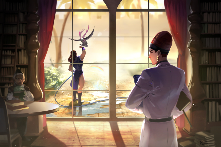4boys animal bird black_eyes black_jacket book brown_eyes brown_hair chair coat eagle earrings full_body gloves highres indoors jacket jewelry jojo_no_kimyou_na_bouken kenny_g library long_sleeves multiple_boys palm_tree pet_shop pointy_ears red_curtains sleeveless sleeveless_jacket standing stardust_crusaders table terence_t._d&#039;arby tree vanilla_ice white_coat white_gloves window zouhyou_(at4190)