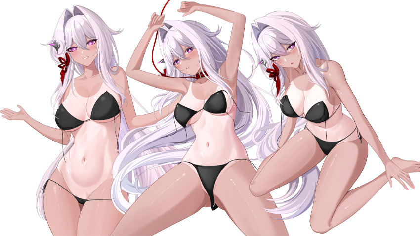 1girl absurdres aircell armpits arms_up barefoot bikini black_bikini breasts collarbone commentary cowboy_shot feet hair_intakes highres honkai_(series) honkai_impact_3rd large_breasts long_hair multiple_views navel parted_lips purple_eyes simple_background smile soles stomach swimsuit tan tanline thelema_nutriscu white_background white_hair