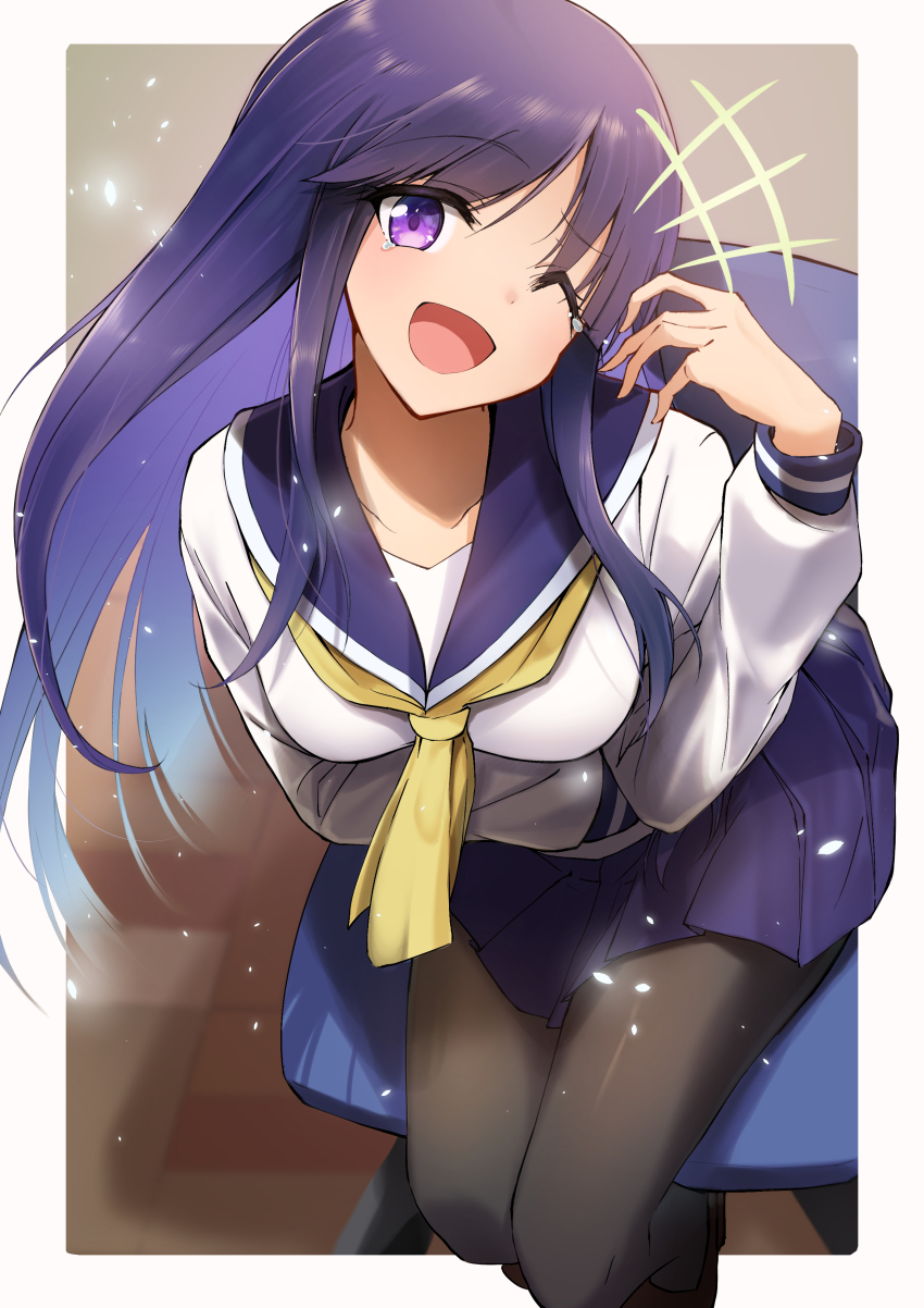 absurdres arm_under_breasts black_pantyhose blue_skirt breasts highres hinata_yukari kootee-on large_breasts laughing loafers long_hair necktie one_eye_closed pantyhose purple_eyes purple_hair purple_skirt school_uniform shoes sitting skirt tears yellow_necktie yuyushiki yuyushiki&#039;s_school_uniform