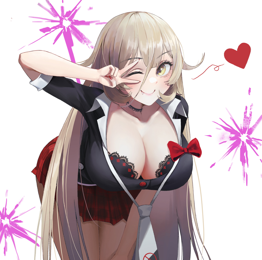 1girl arm_up bent_over black_bra black_necktie blood bow bra breasts choker cleavage closed_mouth collarbone cosplay danganronpa_(series) enoshima_junko enoshima_junko_(cosplay) fang fang_out hair_between_eyes heart highres huge_breasts lace lace-trimmed_bra lace_trim leaning_forward long_hair looking_at_viewer loose_necktie multicolored_neckwear nail_polish natsugou_shinogi necktie nijisanji nui_sociere one_eye_closed pink_blood plaid_clothes plaid_skirt pleated_skirt red_bow red_bra red_nails simple_background skirt smile solo two-tone_bra underwear v v_over_eye very_long_hair virtual_youtuber white_background white_necktie yellow_eyes