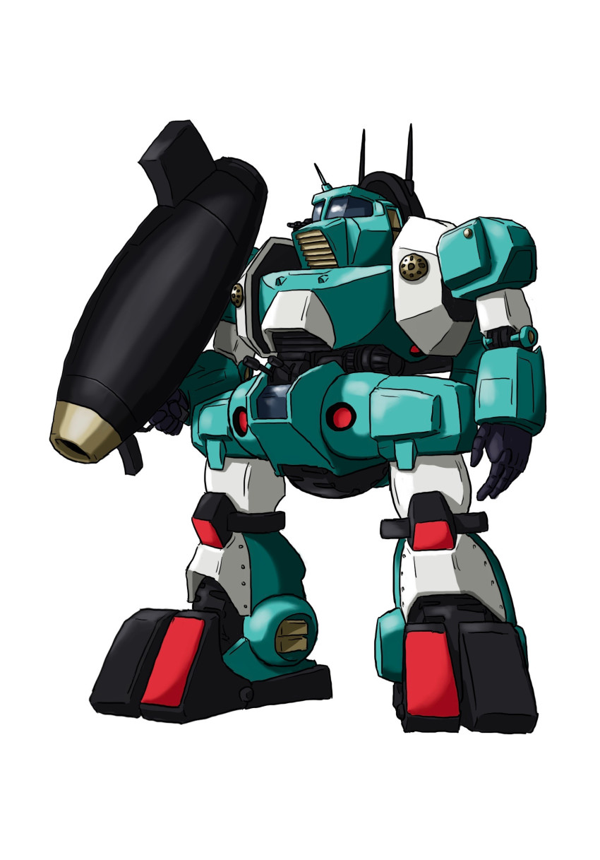 commentary english_commentary fujimal full_body gun highres holding holding_weapon no_humans sentou_mecha_xabungle simple_background standing walker_gallia weapon white_background
