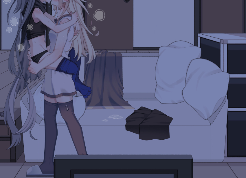 2girls blonde_hair blush breasts collared_dress couch couple dress duel_monster emptyayya green_eyes grey_hair highres long_hair long_sleeves multiple_girls pussy_juice pussy_juice_puddle red_eyes sky_striker_ace_-_raye sky_striker_ace_-_roze thighhighs two-tone_dress yu-gi-oh! yuri