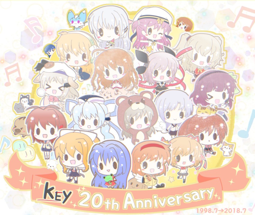 &gt;_&lt; &gt;_o 2019 6+girls :d air_(visual_novel) angel_beats! anniversary belka blush_stickers botan_(clannad) cat charlotte_(anime) chibi chibi-moth clannad closed_mouth commentary_request company_connection company_name crossover dango_daikazoku dated dated_commentary dog food fox furukawa_nagisa happy harmonia_(key) highres hoshino_yumemi inari_(summer_pockets) kagari_(rewrite) kamikita_komari kamio_misuzu kanbe_kotori kanon katou_umi keropii key_(company) light_particles little_busters! looking_at_viewer minase_nayuki multiple_crossover multiple_girls musical_note nakamura_yuri naruse_shiroha natsume_rin noumi_kudryavka one_eye_closed open_mouth p_aita12 pastel_colors planetarian potato_(air) rewrite sakagami_tomoyo shiona_(harmonia) simple_background smile sparkle star_(symbol) strelka summer_pockets taiyaki tenshi_(angel_beats!) tomori_nao tomoyo_after tsukimiya_ayu wagashi