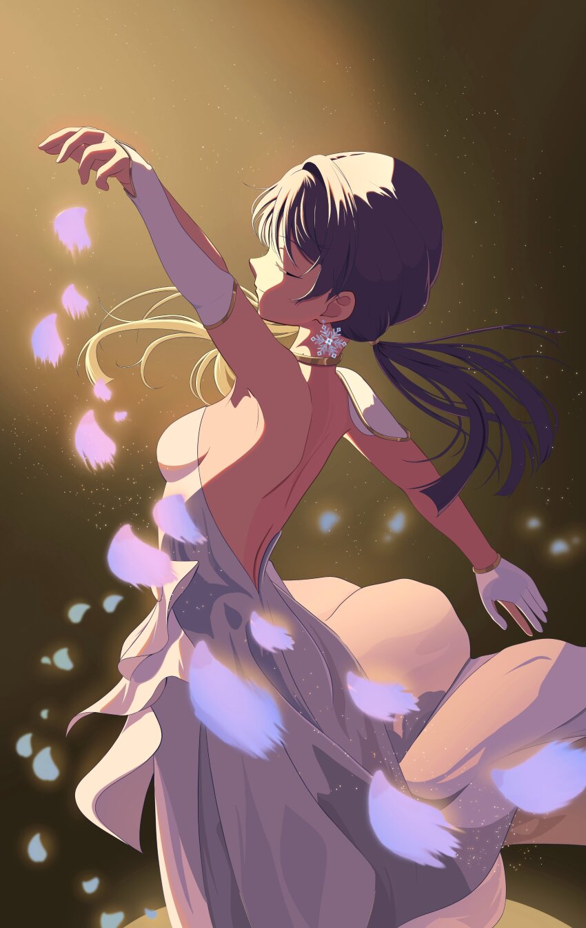 1girl absurdres armpits back backless_dress backless_outfit blue_hair breasts bridal_gauntlets closed_eyes commentary_request dancing dress earrings falling_petals feet_out_of_frame floating_hair gloves highres jewelry light_particles link!_like!_love_live! long_dress long_hair love_live! low_twintails median_furrow morio_(mmorio_mu) murano_sayaka outstretched_arms partially_fingerless_gloves petals shoulder_blades single_bridal_gauntlet small_breasts smile snowflake_earrings solo strapless strapless_dress twintails virtual_youtuber white_bridal_gauntlets white_dress