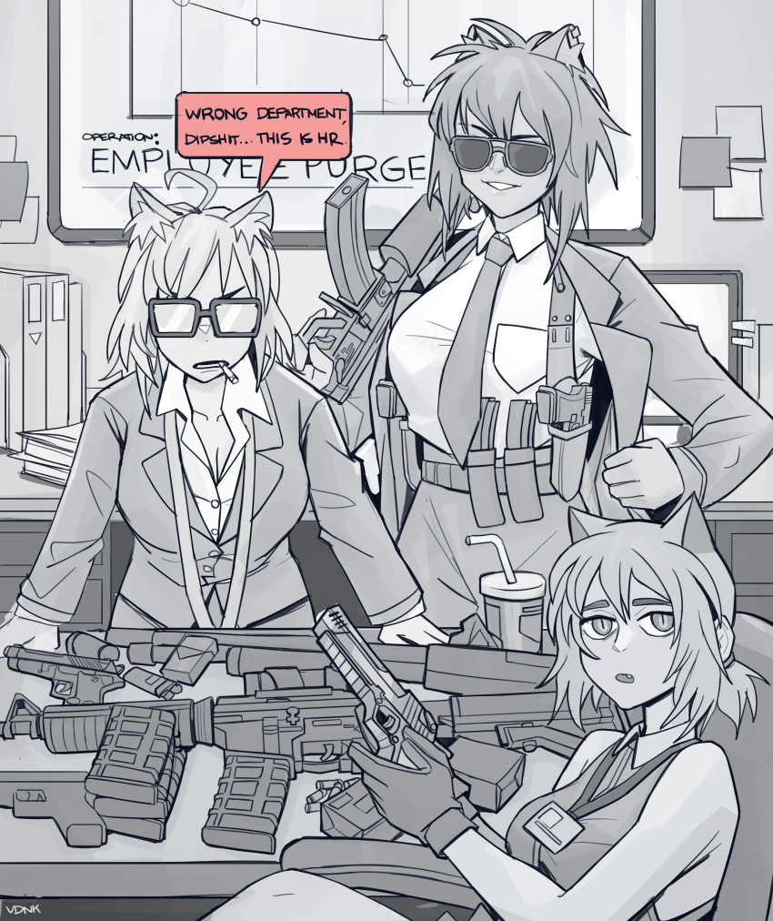 19vodnik 3girls :&gt; absurdres animal_ears artist_name aviator_sunglasses beretta_92 breasts bullet cat_ears cat_girl cigarette cleavage closed_mouth collarbone collared_shirt commentary english_commentary english_text fang formal_clothes glock gloves greyscale grin gun hand_on_table handgun highres holster holstered jacket lanyard large_breasts leaning_forward looking_at_viewer magazine_(weapon) monochrome multiple_girls open_mouth original profanity rifle shirt signature sleeveless smile speech_bubble spot_color suit suit_jacket sunglasses teeth trigger_discipline weapon weapon_request whiteboard