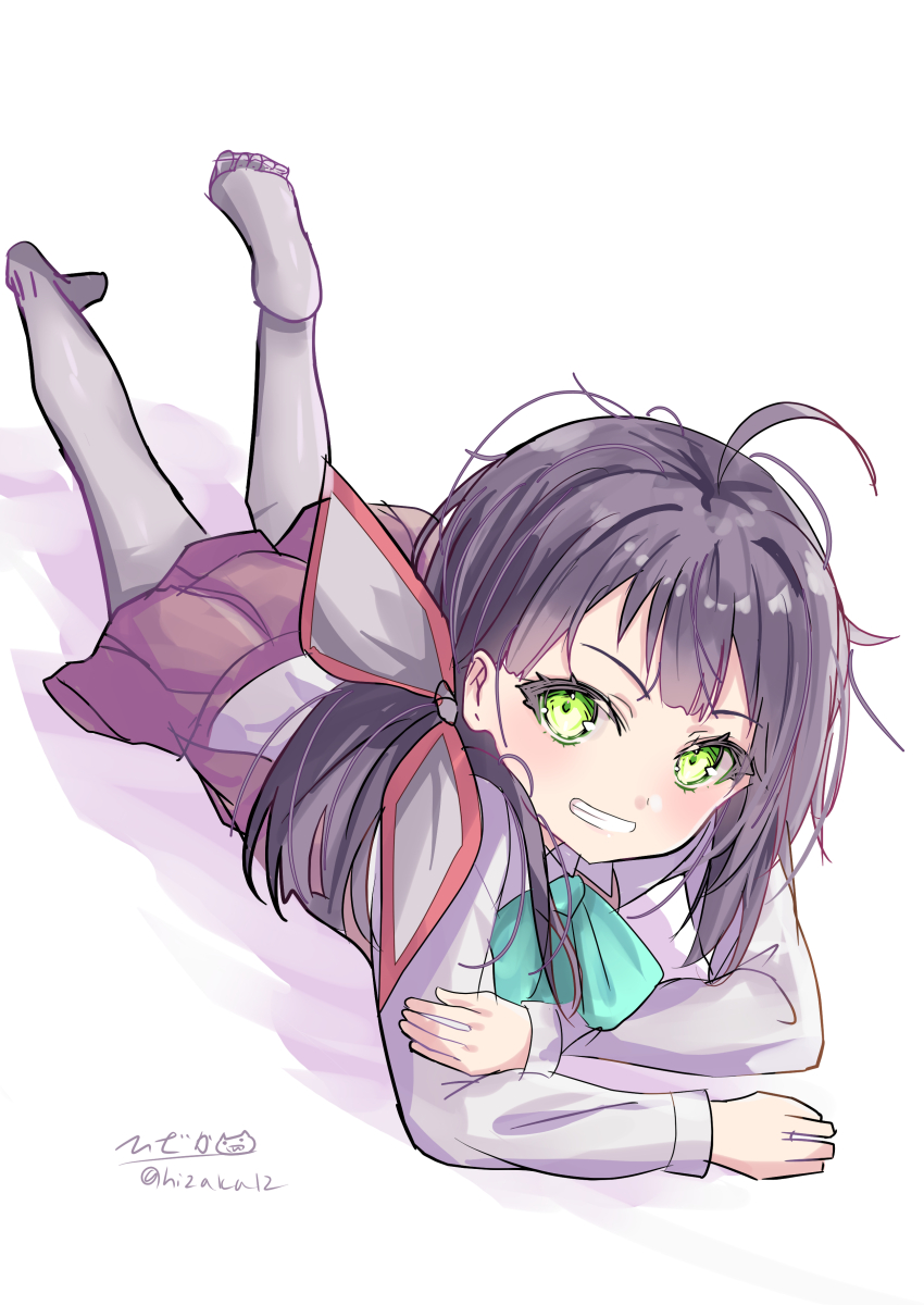1girl absurdres dress dress_shirt fujinami_(kancolle) fujinami_kai_ni_(kancolle) green_eyes grin hair_ribbon highres hizaka kantai_collection long_hair looking_at_viewer lying messy_hair on_stomach pantyhose purple_dress purple_hair ribbon shirt smile solo twitter_username