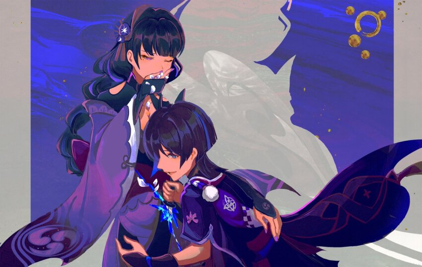 1boy 1girl armor black_bridal_gauntlets black_hair black_kimono black_shrug blunt_bangs blunt_ends border breasts bridal_gauntlets cleavage coughing_flowers covering_own_mouth drop_shadow fan_hair_ornament fatui_logo flower furisode genshin_impact gold_trim hair_flower hair_ornament hand_on_another&#039;s_back hand_on_another&#039;s_hip hand_over_own_mouth holding holding_knife japanese_armor japanese_clothes juban kimono knife kote kurokote letterboxed long_hair long_sleeves low-braided_long_hair low-tied_long_hair mitsudomoe_(shape) mole mole_under_eye momogourami mother_and_son multicolored_hair obi one_eye_closed open_mouth purple_background purple_bag purple_eyes purple_flower purple_hair purple_kimono purple_nails purple_sash purple_sleeves raiden_shogun red_kimono red_sash sash scaramouche_(genshin_impact) short_sleeves shrug_(clothing) sideways_mouth stab streaked_hair tomoe_(symbol) white_border white_kimono wide_sleeves