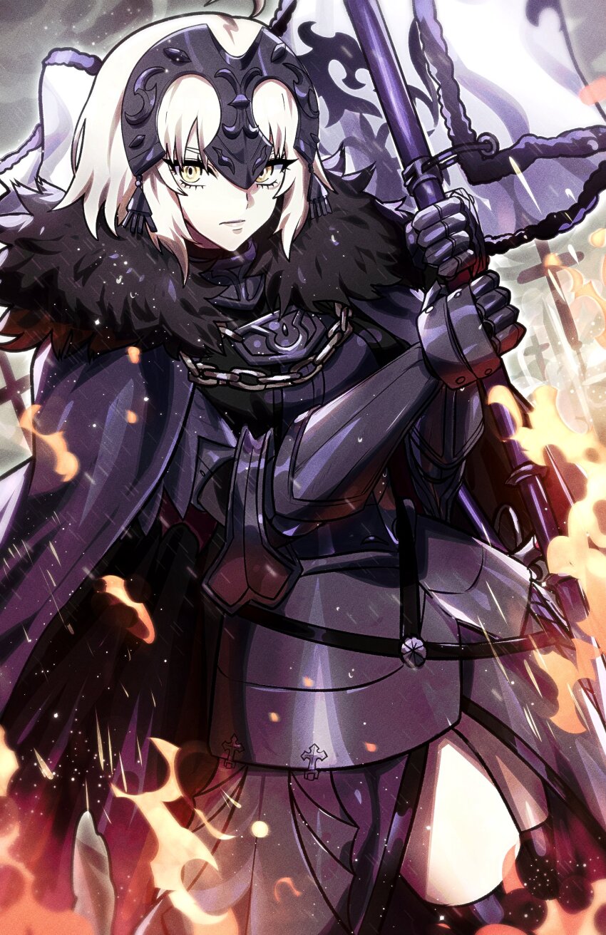 1girl absurdres armor armored_dress black_armor black_cape black_dress black_thighhighs cape chain closed_mouth commentary cross dress english_commentary fate/grand_order fate_(series) fire flag fur-trimmed_cape fur_trim gauntlets headpiece highres holding holding_flag holding_polearm holding_weapon jeanne_d&#039;arc_alter_(avenger)_(fate) jeanne_d&#039;arc_alter_(avenger)_(first_ascension)_(fate) jeanne_d&#039;arc_alter_(fate) looking_at_viewer plackart polearm ryairyai short_hair solo thighhighs weapon white_hair yellow_eyes