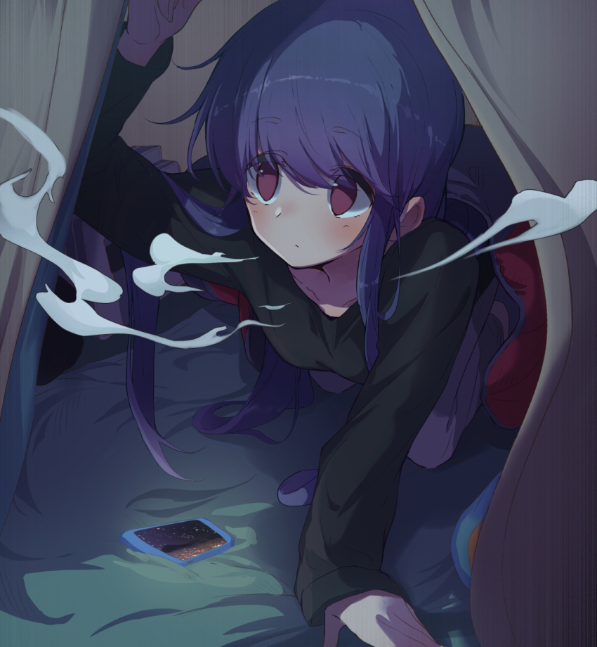 1girl blue_hair camping cellphone closed_mouth collarbone hair_between_eyes highres kootee-on long_hair long_sleeves pants phone purple_eyes shima_rin sleeping_bag solo sweater sweatpants tent very_long_hair yurucamp
