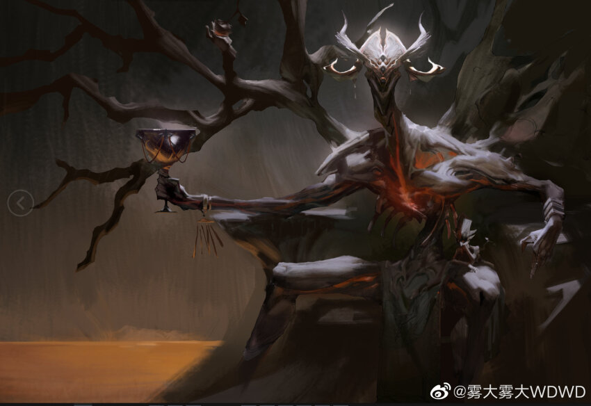 body_horror chalice chinese_commentary commentary_request creature creature_focus cup drink holding holding_drink lava looking_at_viewer monster no_humans open_mouth original realistic sitting sitting_on_throne solo throne underground watermark weibo_watermark wudawuda
