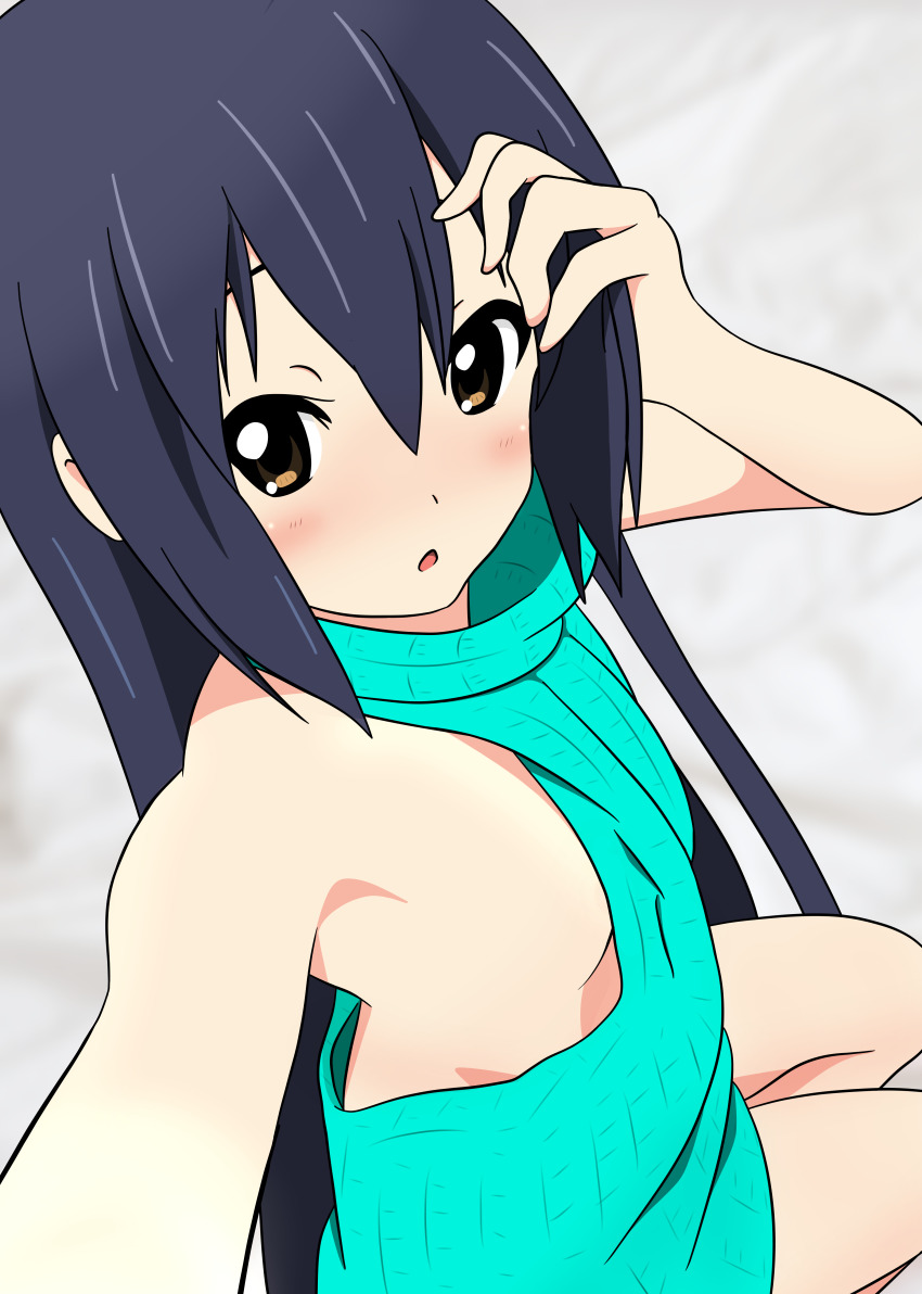 1girl absurdres armpits bare_shoulders black_hair blush breasts brown_eyes dot_nose female_focus highres k-on! legs long_hair meme_attire nakano_azusa nekonopapa open_mouth sideboob sitting small_breasts solo virgin_killer_sweater