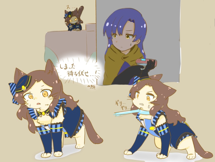 1girl animal animalization blue_hair brown_background brown_eyes brown_hair cat clothed_animal code:escape_(idolmaster) commentary_request hat highres hutaba idolmaster idolmaster_million_live! idolmaster_million_live!_theater_days kisaragi_chihaya kitazawa_shiho long_hair mini_hat multiple_views sweatdrop