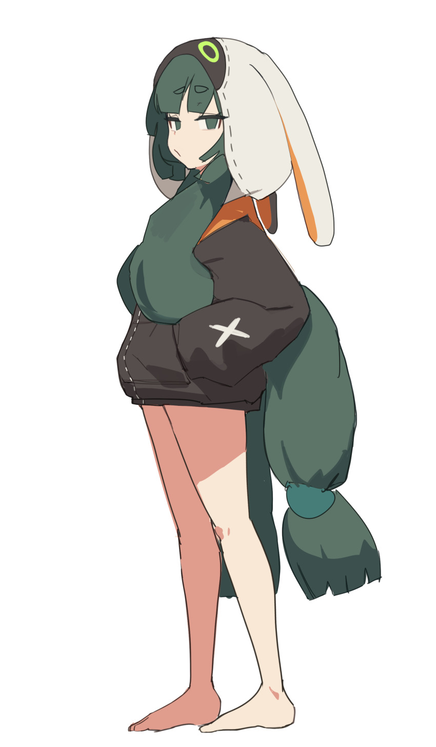 1girl absurdres alternate_costume full_body green_eyes green_hair gya_rb hands_in_pockets highres long_hair looking_at_viewer qingyi_(zenless_zone_zero) simple_background solo standing thighs very_long_hair white_background zenless_zone_zero