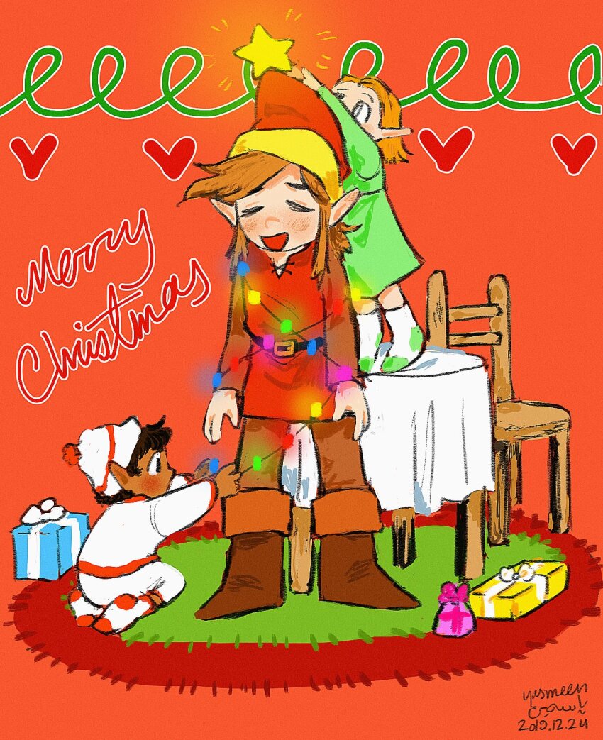 1girl 2boys box brown_hair chair christmas christmas_tree closed_eyes elf gift gift_box grin hat highres link merry_christmas multiple_boys nintendo open_mouth pointy_ears smile standing the_legend_of_zelda tunic zelda_ii:_the_adventure_of_link