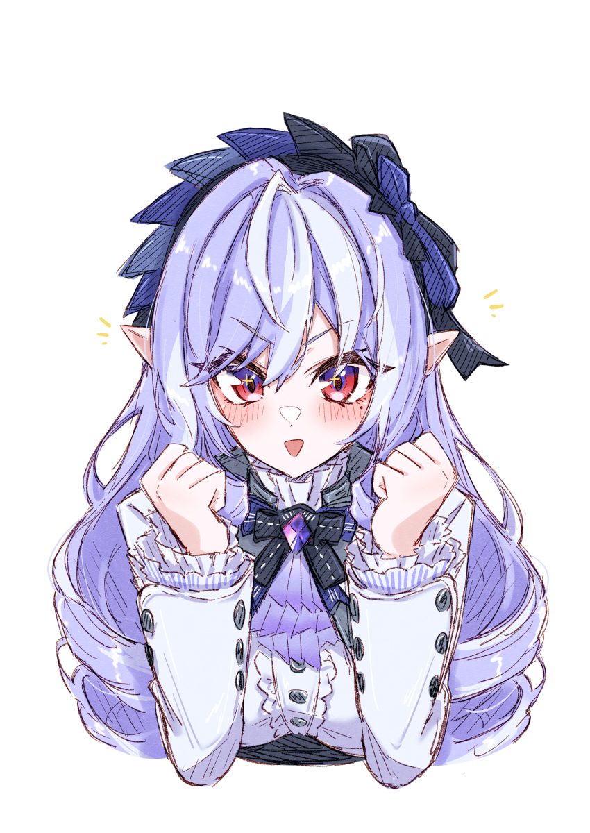 1girl :d absurdres blush buttons center_frills clenched_hands commentary_request cropped_torso excited frilled_sleeves frills grey_hair hair_between_eyes hands_up highres long_hair long_sleeves looking_at_viewer maiq06 multicolored_eyes multicolored_hair notice_lines open_mouth pointy_ears purple_eyes purple_hair red_eyes shirt simple_background smile solo streaked_hair two-tone_eyes vivian_(zenless_zone_zero) white_background white_shirt zenless_zone_zero
