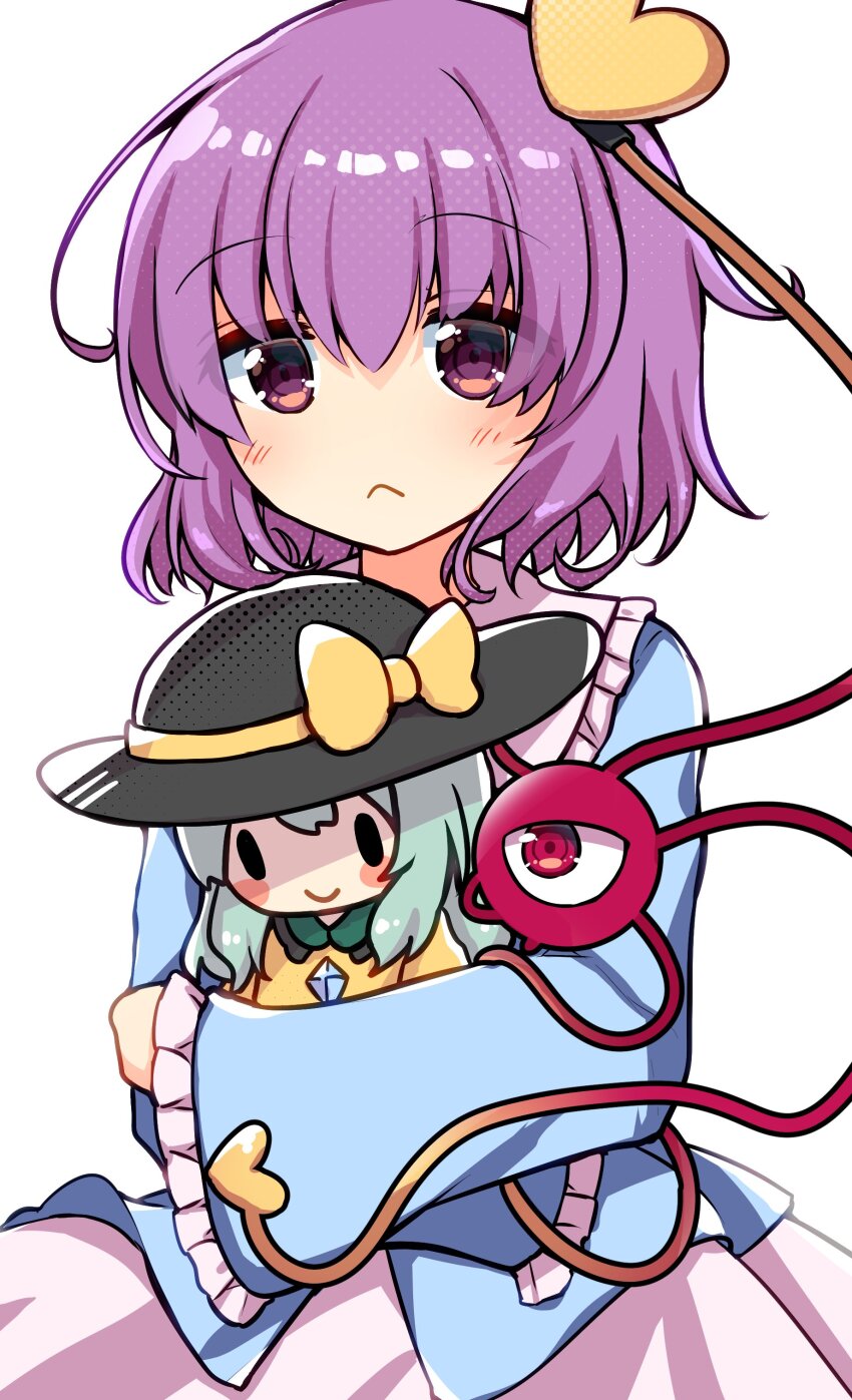1girl absurdres black_headwear blue_jacket green_hair heart highres jacket komeiji_koishi komeiji_satori looking_at_viewer one-hour_drawing_challenge pink_skirt purple_eyes purple_hair rapameri skirt smile stuffed_toy touhou white_background yellow_jacket