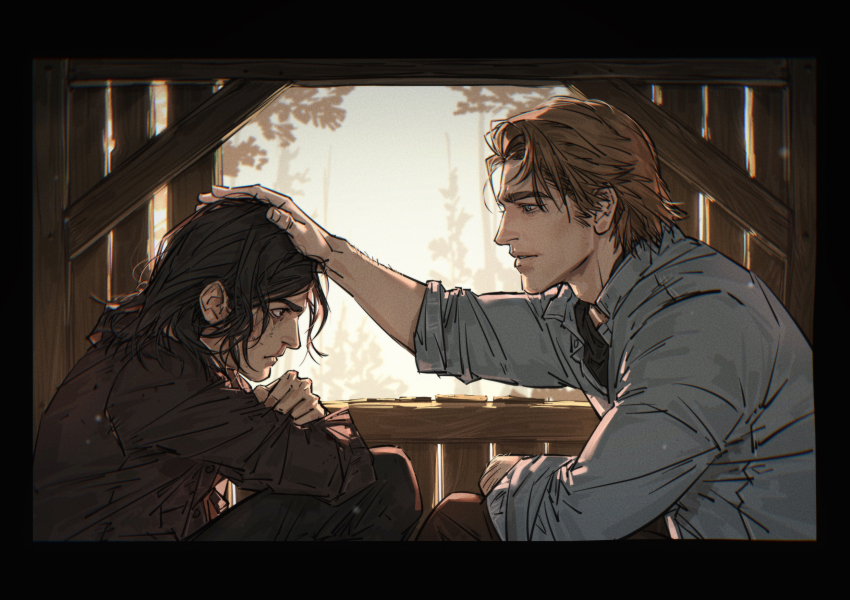 2boys arthur_morgan backlighting black_border black_hair blood border brown_eyes brown_hair bruise from_side hand_on_another&#039;s_head highres injury john_marston looking_at_another male_focus multiple_boys nosebleed nyeigneous parted_lips red_dead_redemption_(series) red_dead_redemption_2 short_hair sitting