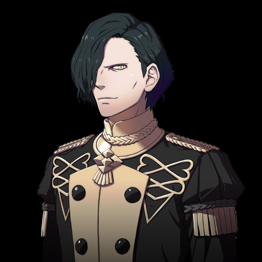1boy black_hair cheekbones closed_mouth epaulettes fire_emblem fire_emblem:_three_houses garreg_mach_monastery_uniform hair_over_one_eye highres hubert_von_vestra kurahana_chinatsu looking_at_viewer male_focus military military_uniform nintendo official_art s smile solo transparent_background yellow_eyes