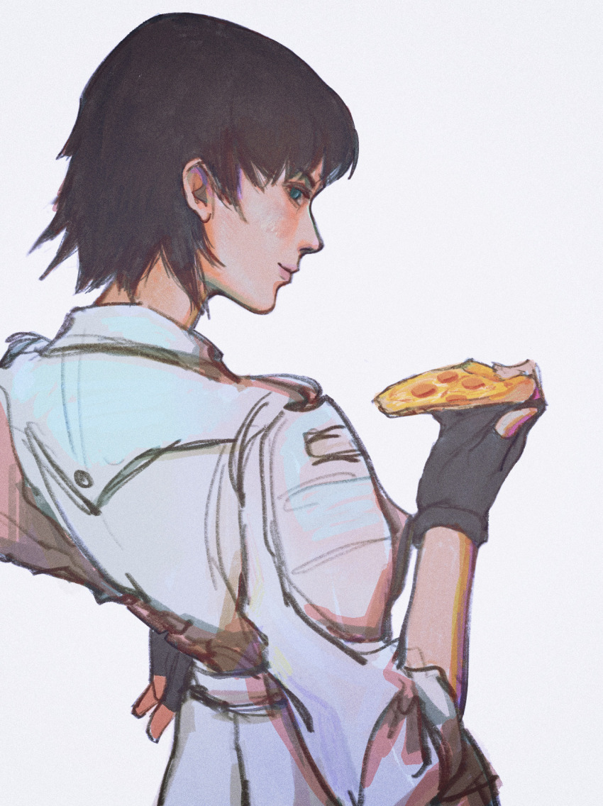 1girl black_gloves black_hair devil_may_cry_(series) devil_may_cry_5 fingerless_gloves food gloves grey_background highres holding holding_food holding_pizza jacket kuroriiii lady_(devil_may_cry) looking_back pizza pizza_slice simple_background white_jacket