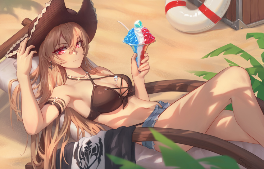 1girl anchor_earrings azur_lane bikini breasts brown_bikini brown_hair brown_hat cross-laced_bikini cross-laced_clothes cross-laced_top cup cutoff_jeans cutoffs earrings feet_out_of_frame flag_themed_food food food_on_body food_on_breasts french_flag hair_between_eyes hat highres holding holding_cup ice ice_cube jean_bart_(azur_lane) jean_bart_(private_apres_midi)_(azur_lane) jewelry lifebuoy long_hair looking_at_viewer lying medium_breasts official_alternate_costume on_back open_clothes open_shorts outdoors palm_leaf parfait pirate_hat purple_eyes sand short_shorts shorts solo stormstx swim_ring swimsuit very_long_hair vichya_dominion_(emblem)