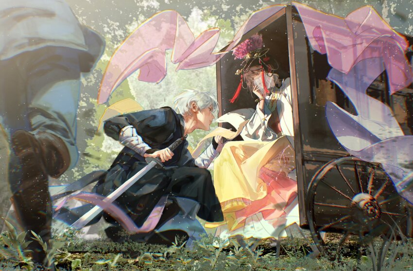1boy 1girl black_robe boots bracelet brown_hair clothing_request dress grass hand_on_own_face highres holding holding_sword holding_weapon jewelry layered_dress light_particles lips love_and_deepspace motion_blur multicolored_dress nose on_grass on_one_knee protagonist_(love_and_deepspace) robe running sunlight sword tree wagon weapon wheel white_hair xavier_(love_and_deepspace) yellow_dress zhishangjun123