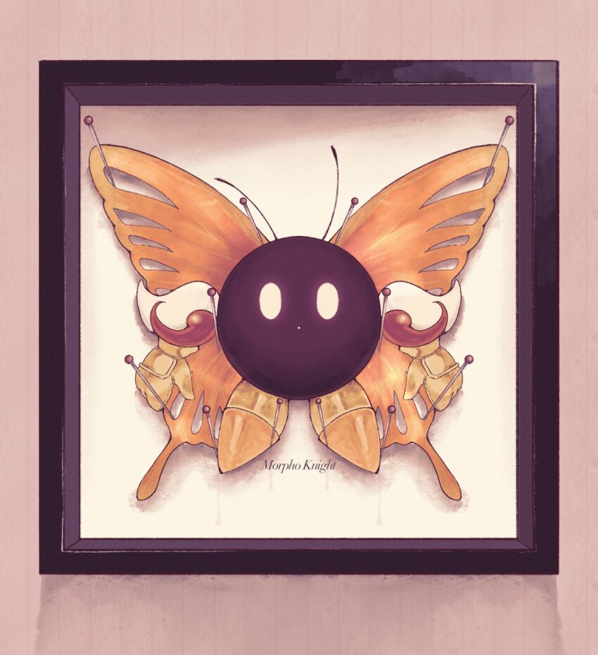 aida_(aidacamelia0516) butterfly_wings framed_insect gauntlets gloves glowing glowing_eyes highres insect_wings kirby_(series) looking_at_viewer morpho_knight nintendo orange_wings pin shoes white_eyes wings yellow_gloves yellow_shoes