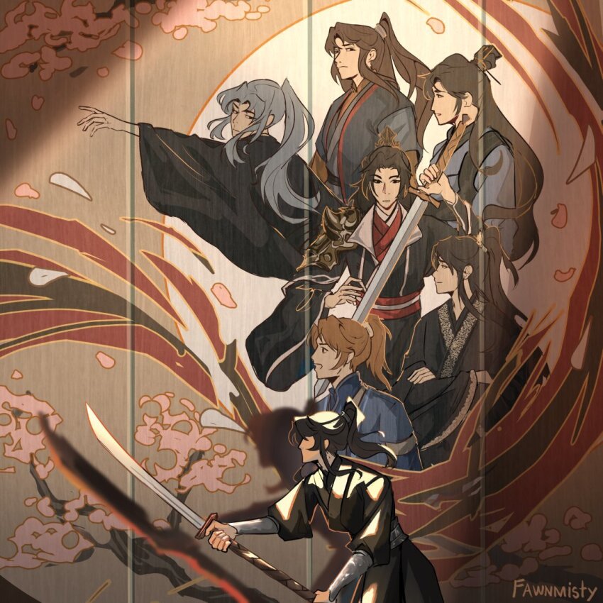 1boy armor artist_name black_eyes black_hair black_hanfu blue_hanfu bracer branch brown_hair cherry_blossoms chinese_clothes closed_mouth commentary drawing_sword embroidery english_commentary fawnmisty flower frown fu_yao grey_hair hair_bun hanfu high_ponytail holding holding_sword holding_weapon long_hair long_sleeves looking_at_another looking_at_viewer mu_qing_(tianguan_cifu) multiple_persona multiple_views mural open_mouth pink_flower pink_petals ponytail reaching red_hanfu shadow shoulder_armor signature single_hair_bun smile spoilers standing sword tianguan_cifu very_long_hair weapon wide_sleeves xiao_guan_(headdress)