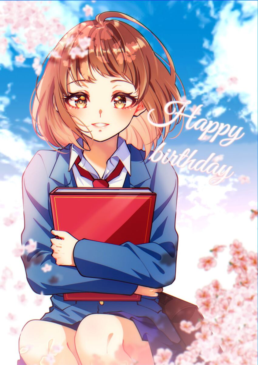 1girl aida_miou bag blazer blue_jacket blue_skirt blue_sky blurry book brown_eyes brown_hair cherry_blossoms collared_shirt commentary day depth_of_field english_text flower highres holding holding_book honeyworks jacket kokuhaku_jikkou_iinkai light_blush long_sleeves looking_at_viewer loose_necktie necktie hugging_object open_collar outdoors pink_flower red_necktie school_bag school_uniform shirt short_hair skirt sky smile solo sophia_pie_12 teeth white_shirt