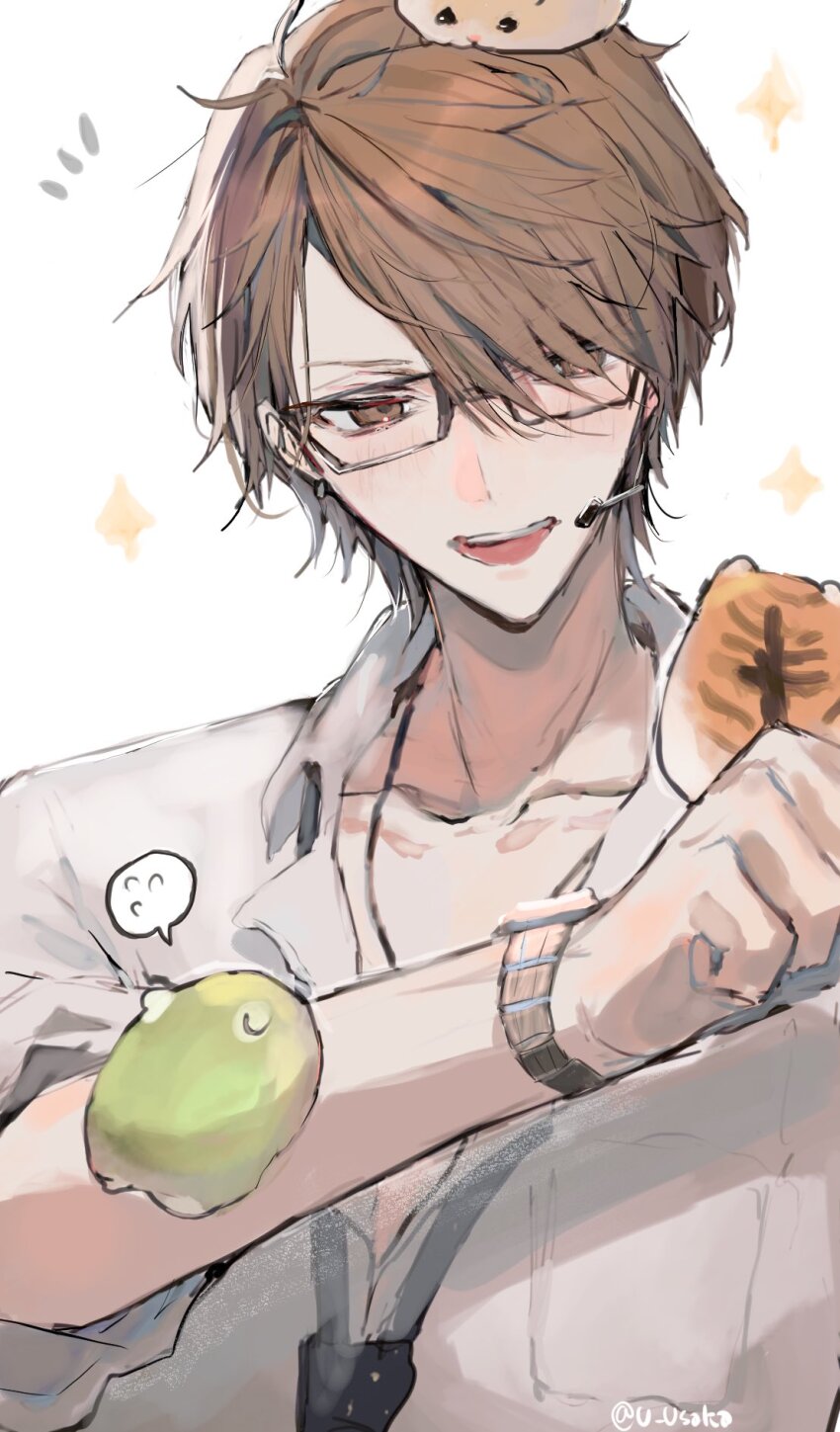 1boy arm_up black-framed_eyewear brown_eyes brown_hair clenched_hand collarbone collared_shirt commentary_request diamond_(shape) glasses headset highres inusaka kagami_hayato kagami_hayato_(2nd_costume) male_focus nijisanji on_head on_shoulder open_collar open_mouth parted_bangs shirt solo speech_bubble teeth upper_body upper_teeth_only virtual_youtuber watch white_background white_shirt wing_collar wristwatch