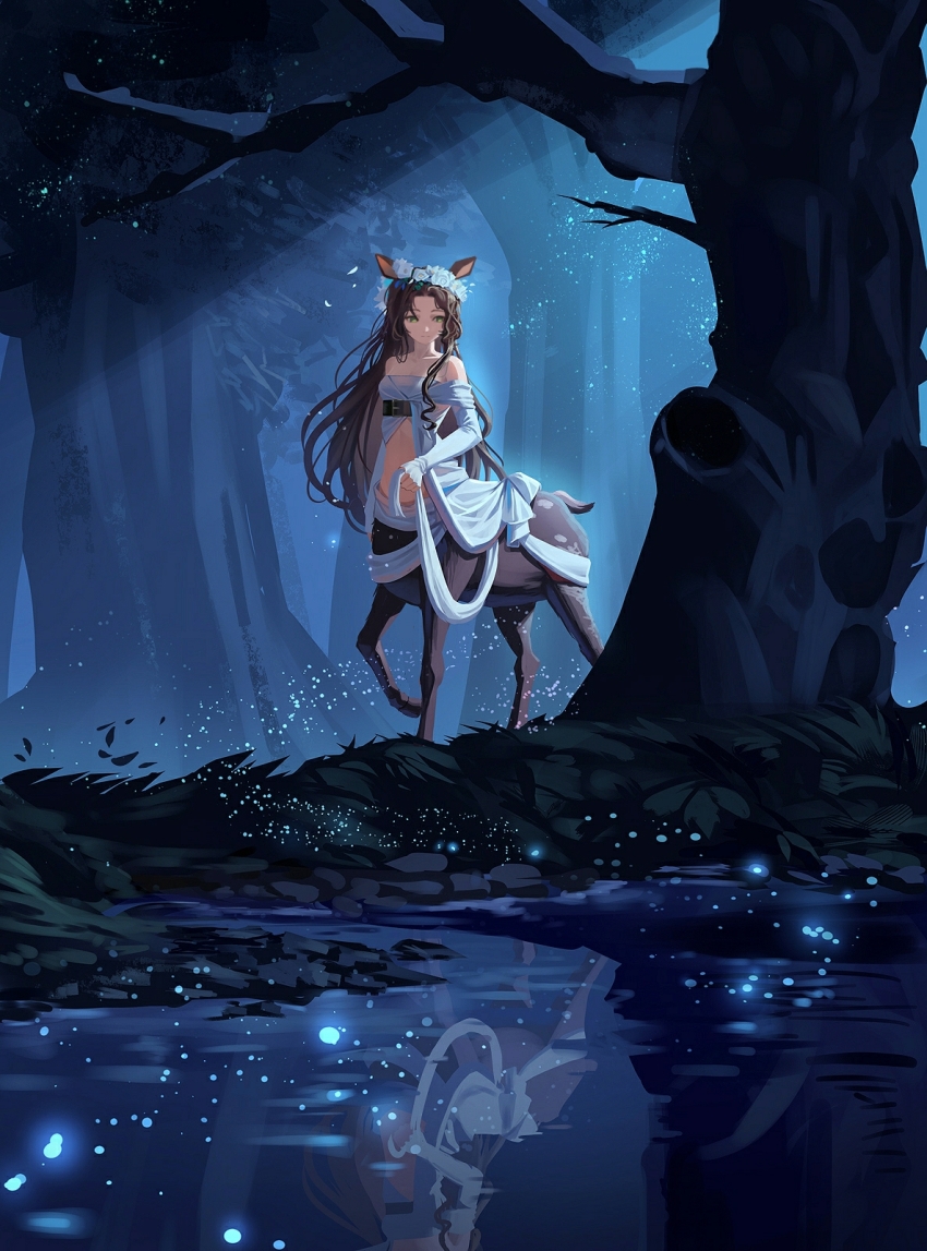 1girl animal_ears bare_shoulders brown_hair centauroid cropped_shirt deer_ears deer_girl deer_tail fireflies flower flower_wreath forest full_body green_eyes head_wreath highres jessica_(reverse:1999) long_hair long_sleeves moonlight nature navel night off-shoulder_shirt off_shoulder outdoors reflection reverse:1999 shirt tail taur tree ver-aero very_long_hair water white_flower white_shirt wide_shot