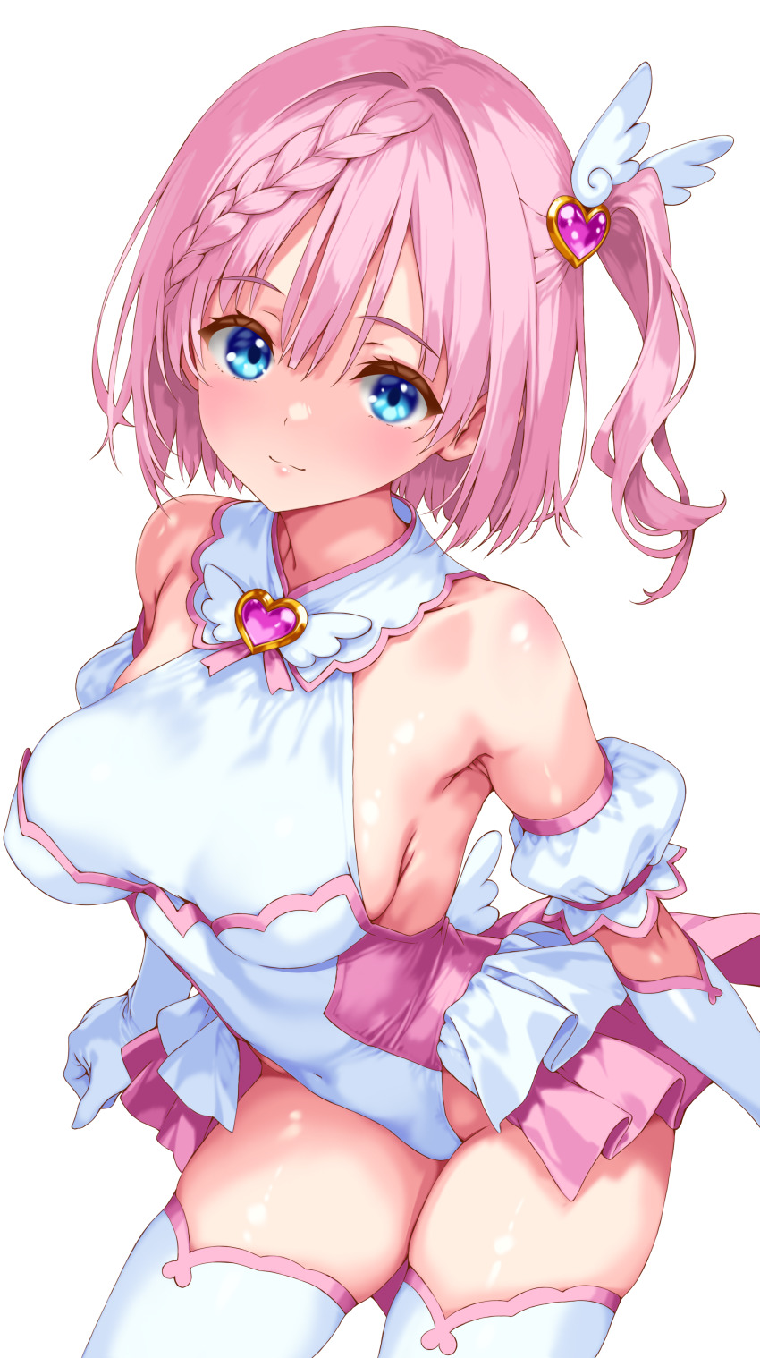 1girl absurdres bare_shoulders blue_eyes braid breasts closed_mouth commentary_request covered_navel cowboy_shot gloves hair_ornament heart heart_hair_ornament highres iwato_(celler) leotard looking_at_viewer medium_breasts one_side_up original pink_hair short_hair showgirl_skirt simple_background solo thighhighs white_background white_gloves white_leotard white_thighhighs
