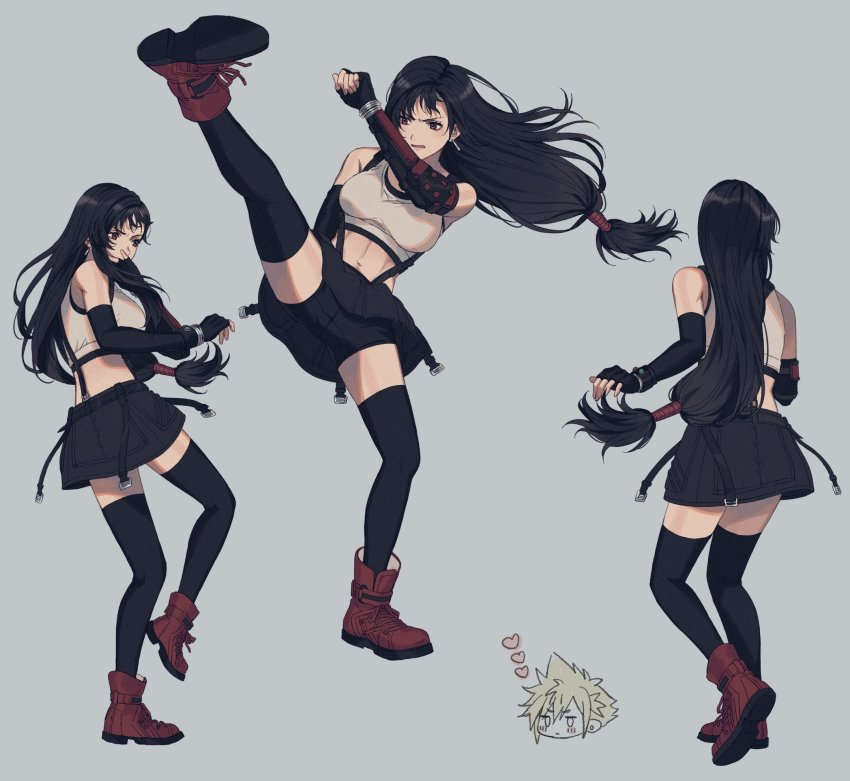 1girl 234_(1234!) abs arm_guards back bad_id bad_twitter_id bike_shorts black_gloves black_hair black_shorts black_skirt black_thighhighs boots bracelet breasts chibi cloud_strife commentary crop_top cross-laced_footwear earrings elbow_gloves english_commentary fighting_stance final_fantasy final_fantasy_vii final_fantasy_vii_remake fingerless_gloves full_body gloves grey_background heart highres jewelry kicking legs_apart long_hair low-tied_long_hair medium_breasts midriff miniskirt multiple_views navel red_eyes red_footwear roundhouse_kick shorts shorts_under_skirt simple_background skirt sleeveless solo_focus standing standing_on_one_leg straight_hair suspender_skirt suspenders tank_top thighhighs thighs tifa_lockhart toned white_tank_top zettai_ryouiki
