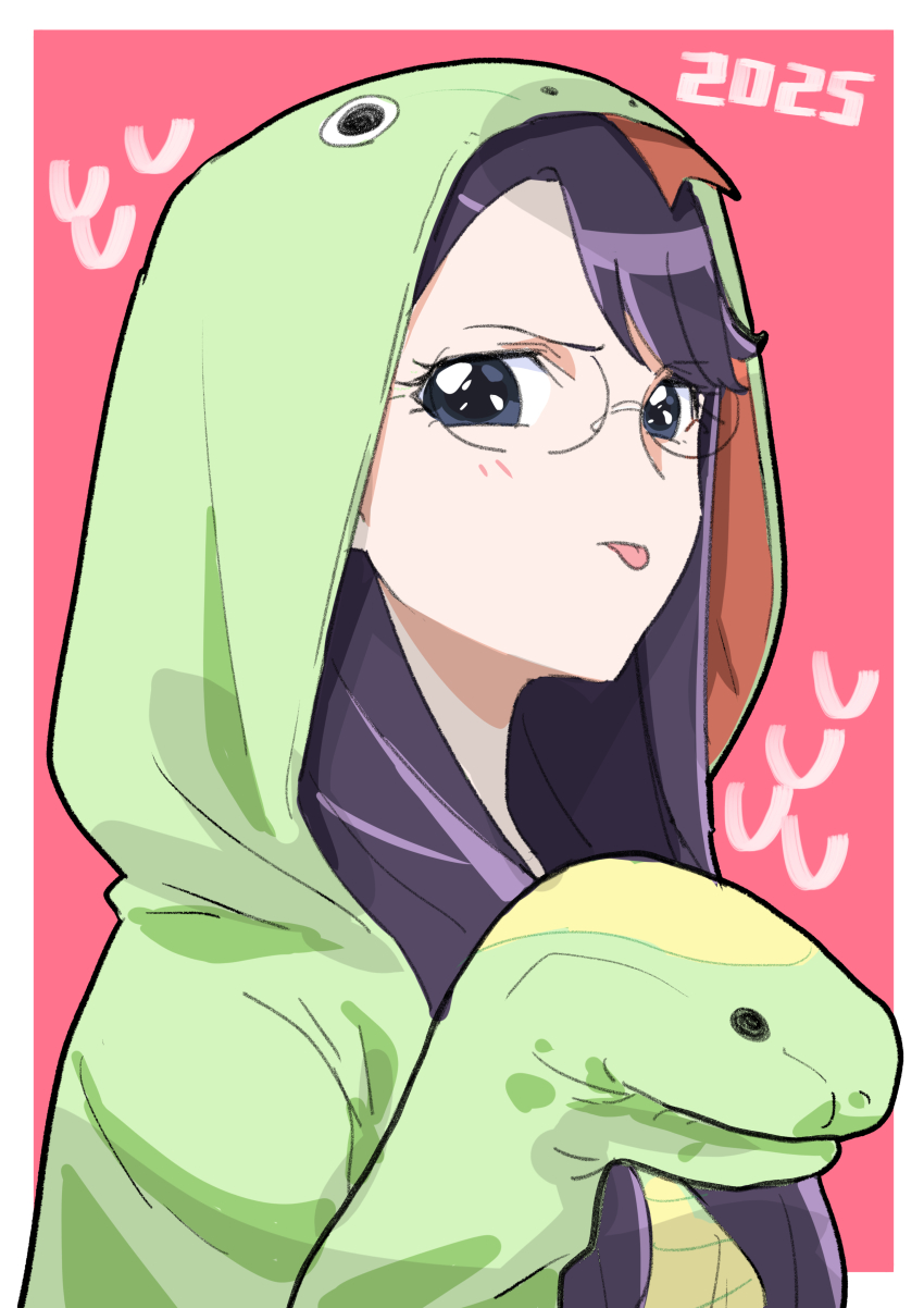 1girl 2025 absurdres animal_costume black_eyes blush chinese_zodiac commentary_request glasses heartcatch_precure! highres long_hair precure purple_hair snake_costume solo tongue tongue_out tsukikage_oyama tsukikage_yuri upper_body year_of_the_snake