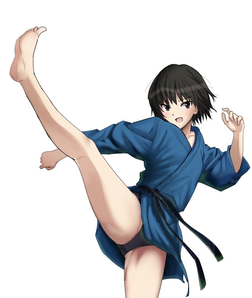 1girl amagami barefoot black_eyes black_hair black_panties blue_kimono dougi feet fighting_stance gluteal_fold gyuunyuu_pack_(tanaka) high_kick highres japanese_clothes judo kicking kimono leg_up long_sleeves looking_at_viewer nanasaki_ai open_mouth panties pantyshot short_hair short_kimono soles solo split standing standing_on_one_leg standing_split thighs underwear