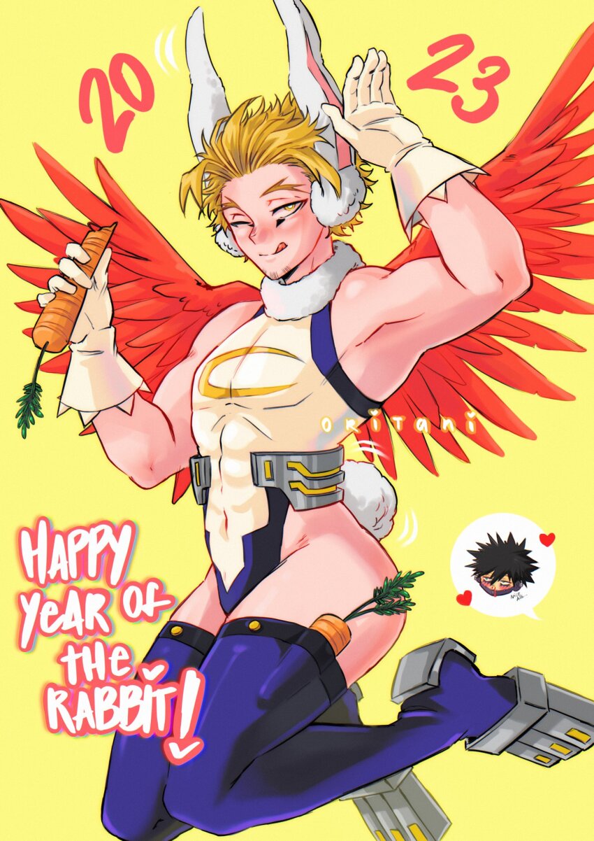 1boy 2023 :q animal_ears bare_shoulders blonde_hair blue_thighhighs boku_no_hero_academia carrot chibi chinese_zodiac cosplay crossdressing crossdressing_(mtf) dabi_(boku_no_hero_academia) facial_hair feathered_wings feathers gloves hawks_(boku_no_hero_academia) heattech_leotard highleg highres leotard looking_at_viewer male_focus mature_male mirko mirko_(cosplay) muscular muscular_male ori_(oriorichannn) pectorals rabbit_ears rabbit_tail red_feathers red_wings short_hair simple_background sleeveless sleeveless_turtleneck sleeveless_turtleneck_leotard solo superhero_costume tail thick_thighs thighhighs thighs tongue tongue_out turtleneck white_gloves white_leotard wings year_of_the_rabbit yellow_background