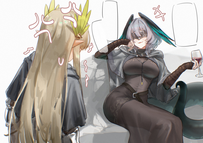 2girls absurdres alternate_costume anger_vein arknights belt black_belt black_capelet black_dress blank_speech_bubble blonde_hair breasts capelet cosplay covered_eyes covered_navel cup dark_souls_(series) dark_souls_iii dress elf eye_mask fangs feathered_wings film_grain fire_keeper fire_keeper_(cosplay) grey_capelet grey_hair head_wings highres ho&#039;olheyak_(arknights) holding holding_cup jewelry long_hair long_tail looking_at_another mask medium_hair muelsyse_(arknights) multiple_girls necklace parted_lips pointy_ears simple_background sitting snake_tail speech_bubble tail textless_version uof white_background wings