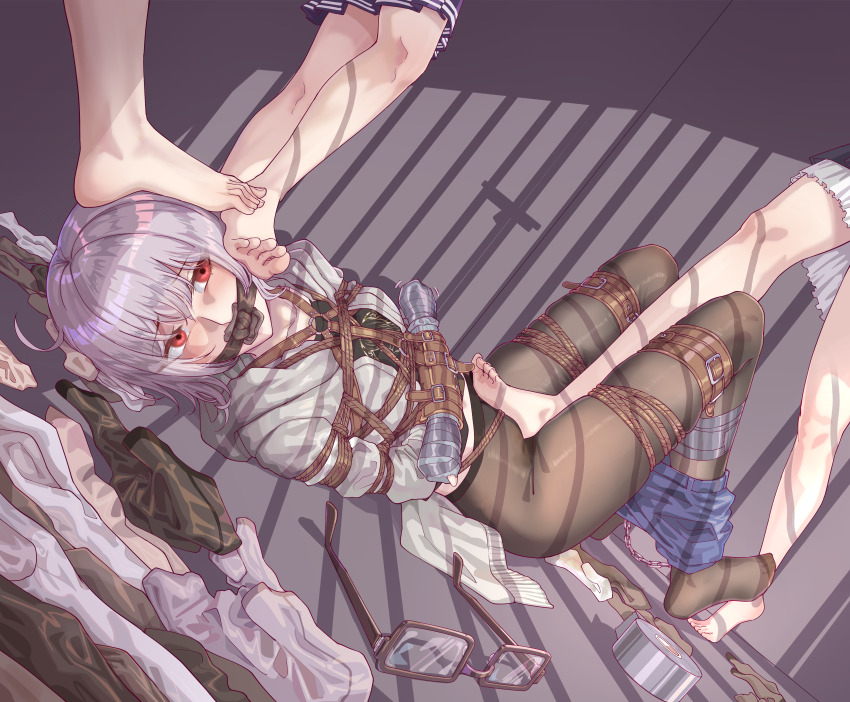 1boy 3girls absurdres ankle_cuffs barefoot bdsm black_pantyhose bondage bound bound_arms bound_legs cardigan clenched_teeth cloth_gag collarbone frilled_skirt frills gag gagged glasses grey_hair highres improvised_gag leveen long_hair lying midriff_peek multiple_girls on_back one_eye_closed open_mouth original pantyhose pleated_skirt red_eyes restrained shibari shibari_over_clothes shirt shorts skirt soles stepped_on t-shirt tape teeth trap
