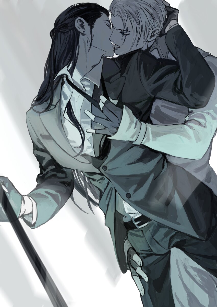 2boys absurdres belt belt_buckle buckle buttons coat collared_coat collared_shirt commentary_request couple ear_piercing earrings feet_out_of_frame final_fantasy final_fantasy_vii fingerless_gloves gloves greyscale hair_behind_ear hand_on_another&#039;s_chest hand_on_another&#039;s_head hand_on_another&#039;s_thigh highres jacket jewelry kiss lapels long_hair long_sleeves male_focus monochrome multiple_boys open_collar open_mouth pants piercing rufus_shinra shirt short_hair shou_rou sleeves_past_wrists standing stud_earrings suit_jacket tongue tongue_out tseng wing_collar yaoi