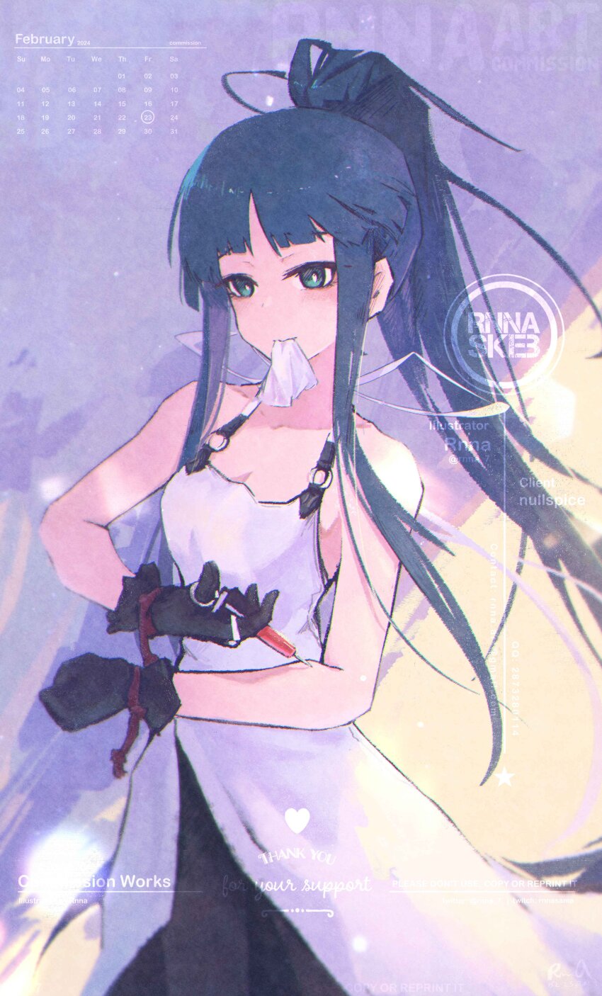 1girl absurdres artist_name black_gloves blue_hair commission commissioner_name dated dress gloves green_eyes highres injection knee_up long_hair long_sidelocks minato_hikaru mouth_hold ponytail rnna sidelocks sleeveless sleeveless_dress solo soukou_akki_muramasa very_long_hair very_long_sidelocks white_dress