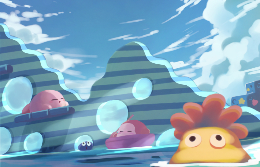 black_eyes blue_sky blush_stickers boat character_request closed_eyes cloud colored_skin commentary_request day gooey_(kirby) highres kirby kirby_(series) lying nintendo no_humans no_mouth oar on_stomach orange_skin outdoors parted_lips pink_skin platform red_footwear shadow shoes sky sleeping slime_(creature) suyasuyabi waddle_dee water watercraft